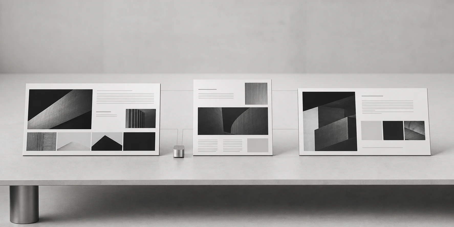 A wide monochrome arrangement of coordinated website, document, and presentation layouts for pr0j