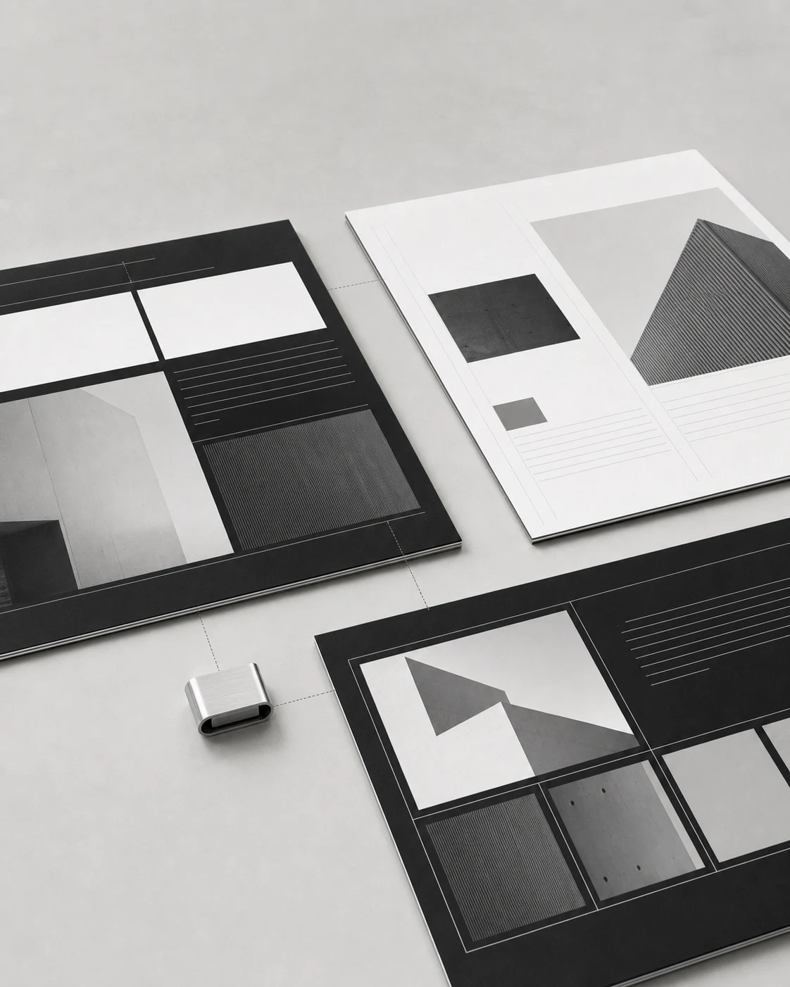Three monochrome modular layouts connected as one pr0j creative workspace
